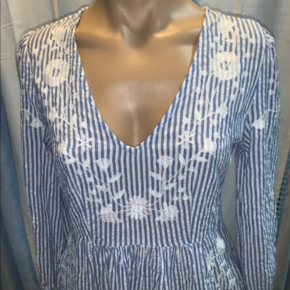 Free People Blue Stripped Embroidered V Neck Dress - Picture 2 of 6